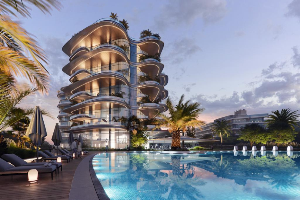 A view of a luxury branded residence in Dubai with sophisticated architecture and premium amenities.